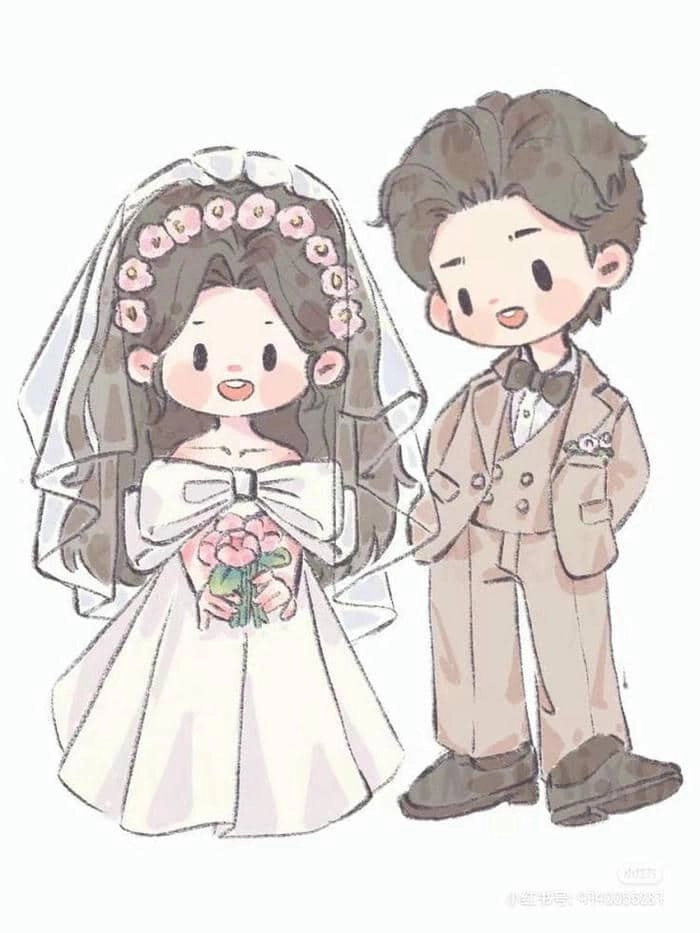 Chibi cô dâu chú rể dễ thương trang trí thiệp
