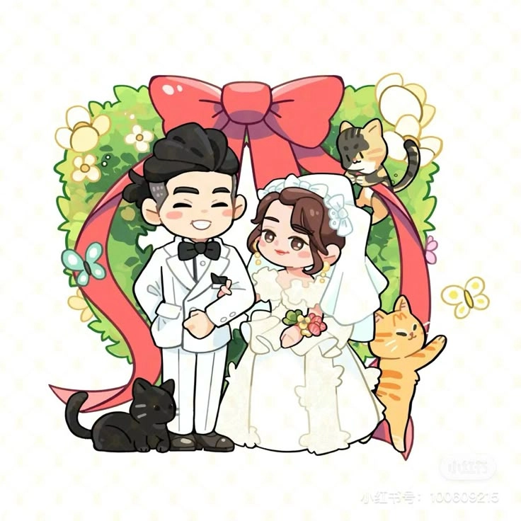 Ghép ảnh cô dâu chú rể chibi tạo thiệp cưới vui
