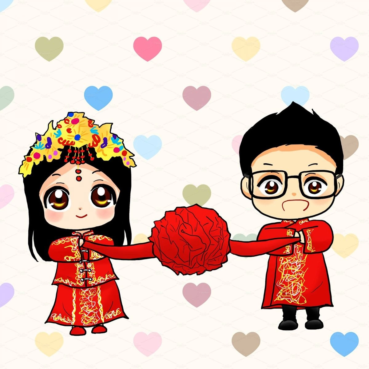 Hình vẽ cô dâu chú rể chibi phục vụ in poster