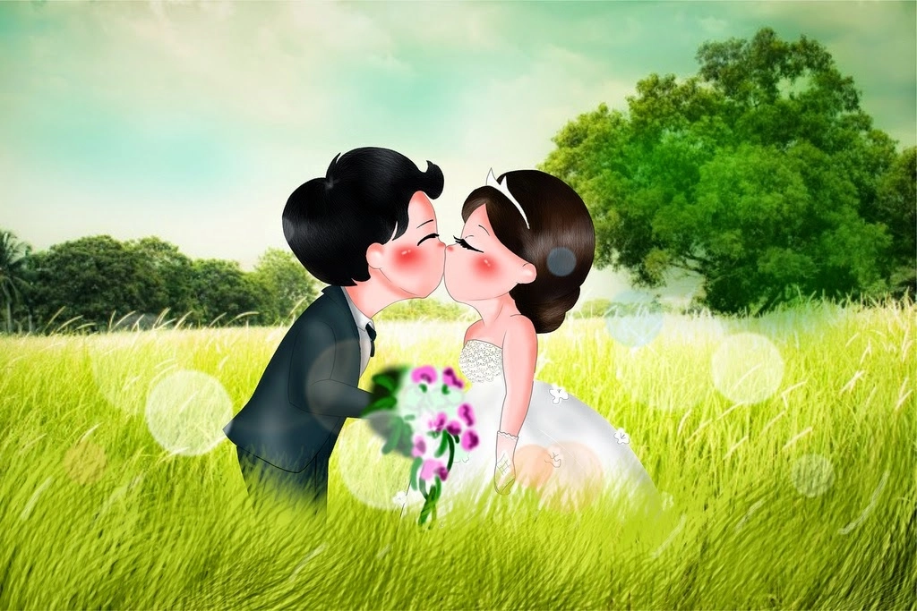 Hình vẽ cô dâu chú rể chibi dùng làm thiệp cưới