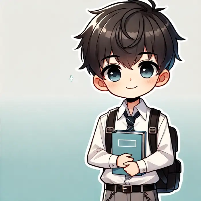 Học sinh nam chibi với nụ cười rạng ngời
