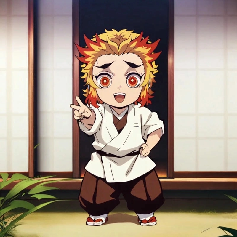 Rengoku chibi head với ánh mắt bừng sáng niềm tin