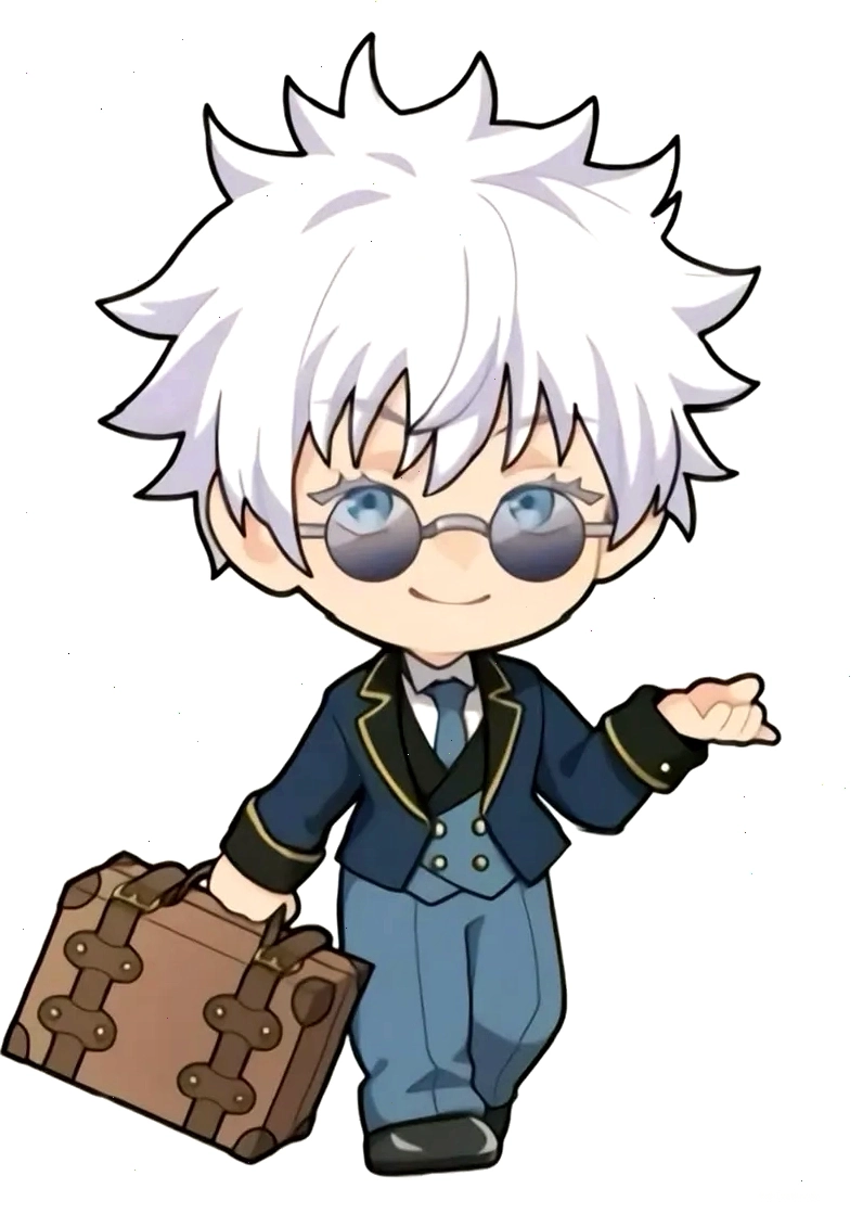 Ảnh chibi Gojo Satoru với nụ cười tinh nghịch và đôi mắt to tròn