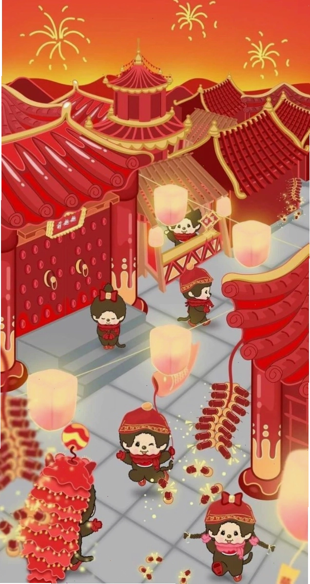 Ảnh nền điện thoại Tết anime với đèn lồng và pháo hoa