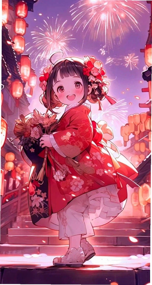 Anime bé gái và đèn lồng mang không khí Tết sum vầy