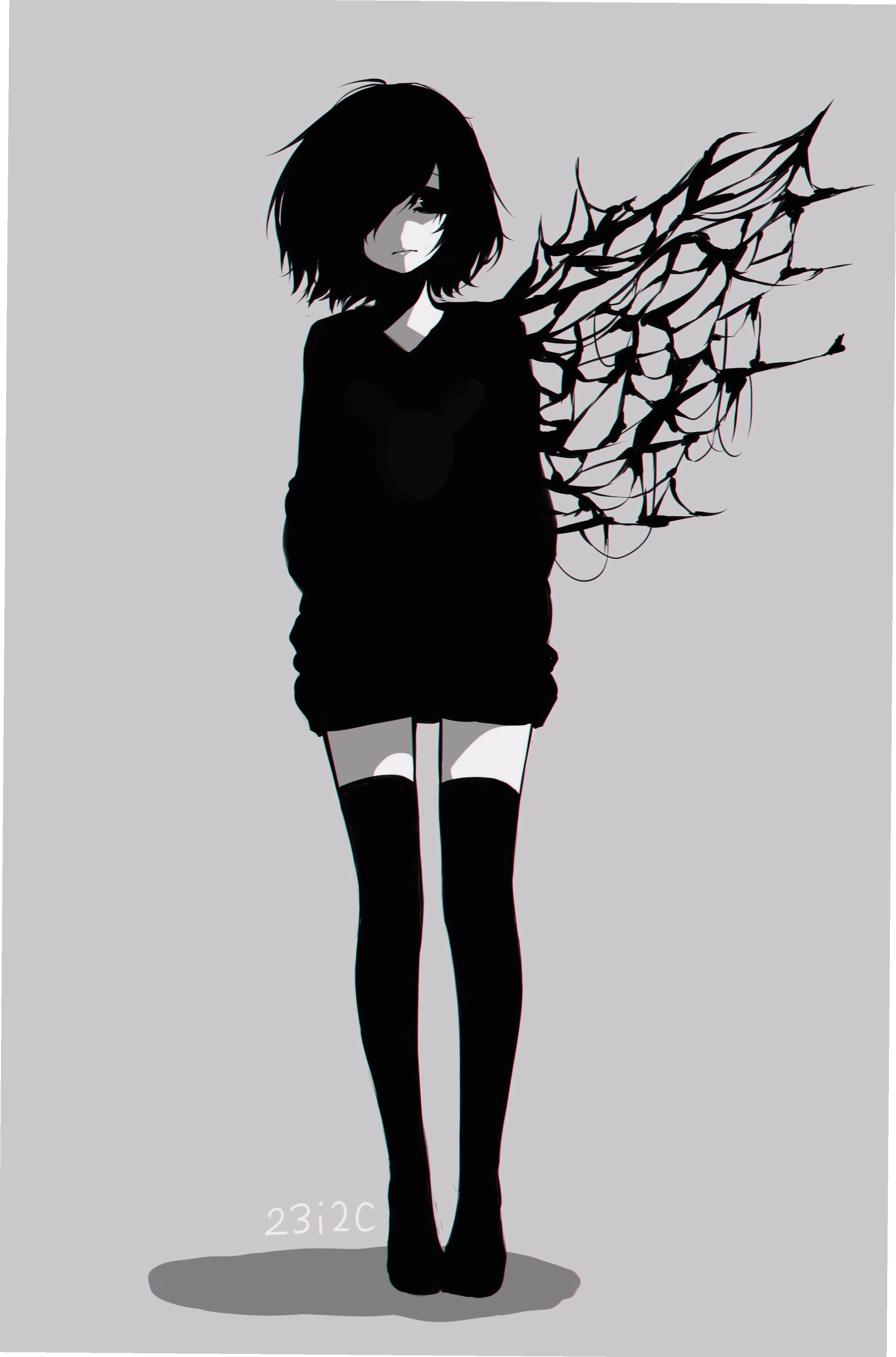 Anime girl đen trắng buồn thể hiện sự mạnh mẽ và tinh tế