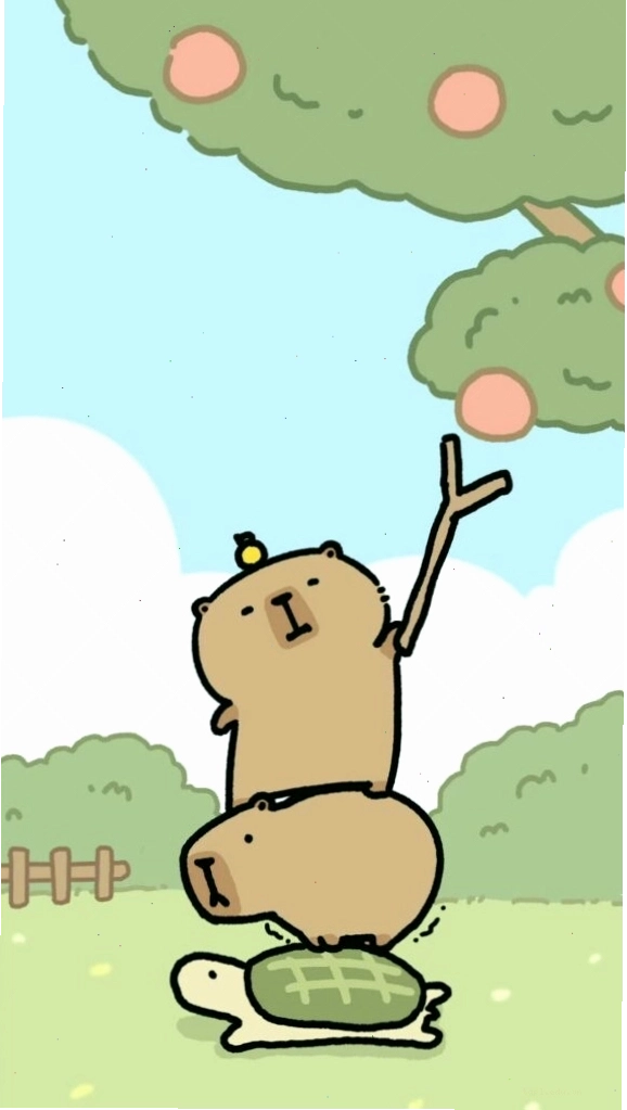 Capybara xếp chồng lên rùa hái quả