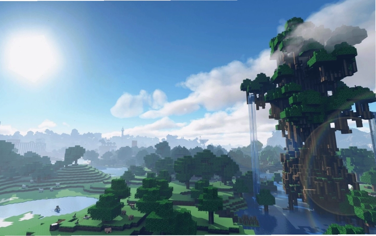 Cây cổ thụ vĩ đại giữa khung cảnh Minecraft xanh tươi