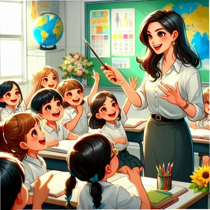 Chibi cô giáo và học sinh trong lớp học