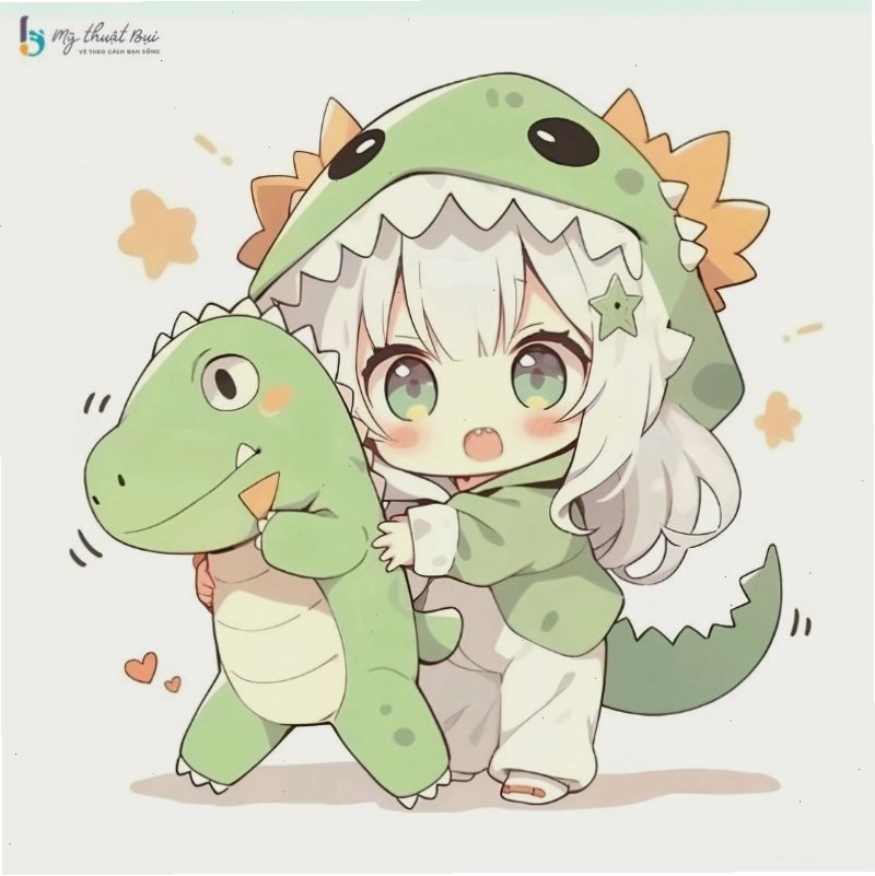 Chibi hồ ly tinh nghịch với đôi tai và đuôi dễ thương