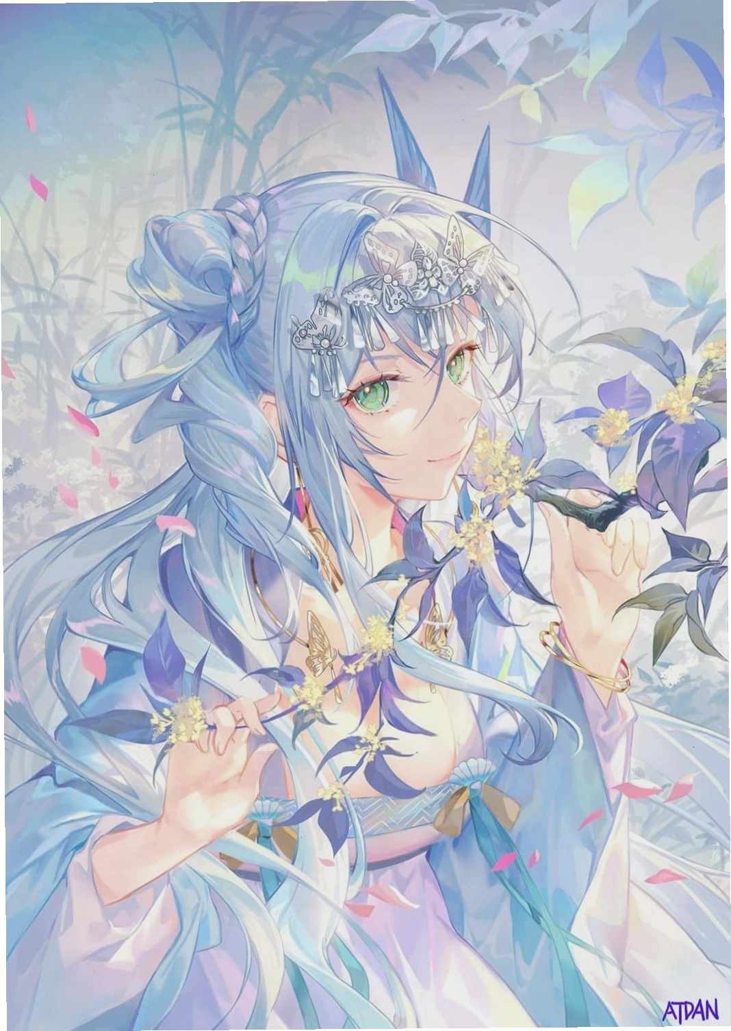 Cô gái anime với mái tóc xanh dương dài và đôi mắt to tròn