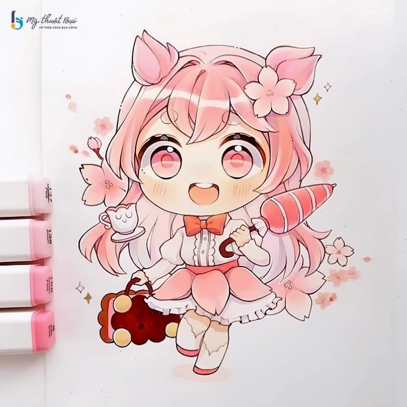 Cô gái chibi dễ thương với mái tóc hồng và trang phục váy áo xinh xắn