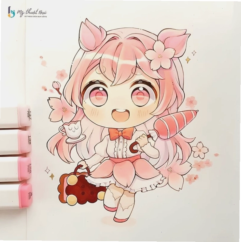 Cô gái chibi với mái tóc hồng và trang phục fantasy
