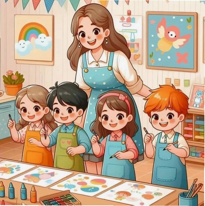 Cô giáo chibi đang giảng bài trên lớp