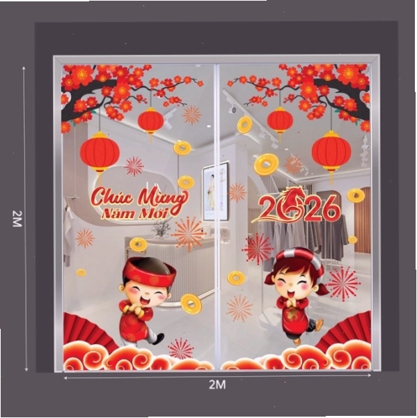 Decal Tết 2026 bé trai bé gái mừng xuân Bính Ngọ bên hoa đào đỏ