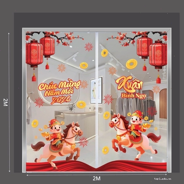 Decal Tết 2026 hình ảnh thần tài cưỡi ngựa vui xuân Bính Ngọ màu đỏ