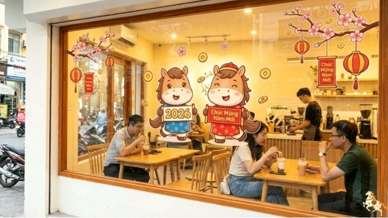 Decal trang trí cửa kính với hình ảnh pháo hoa và câu chúc an khang