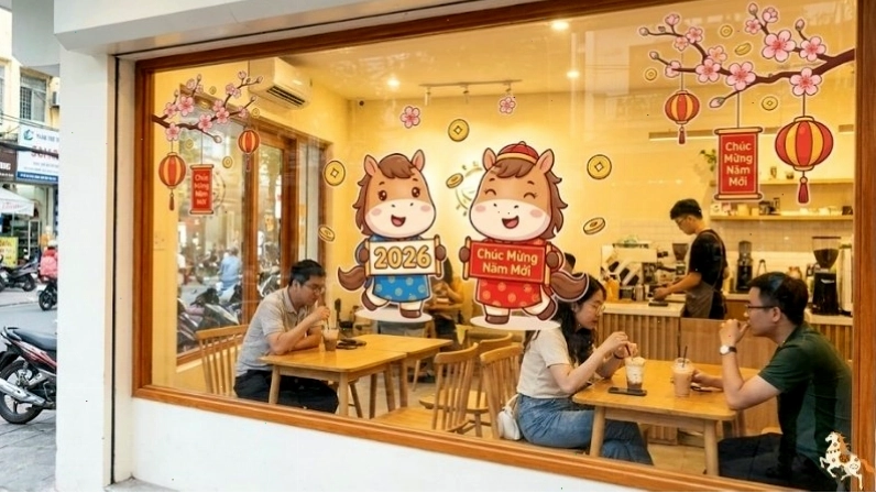 Decal trang trí cửa kính với họa tiết Tết truyền thống