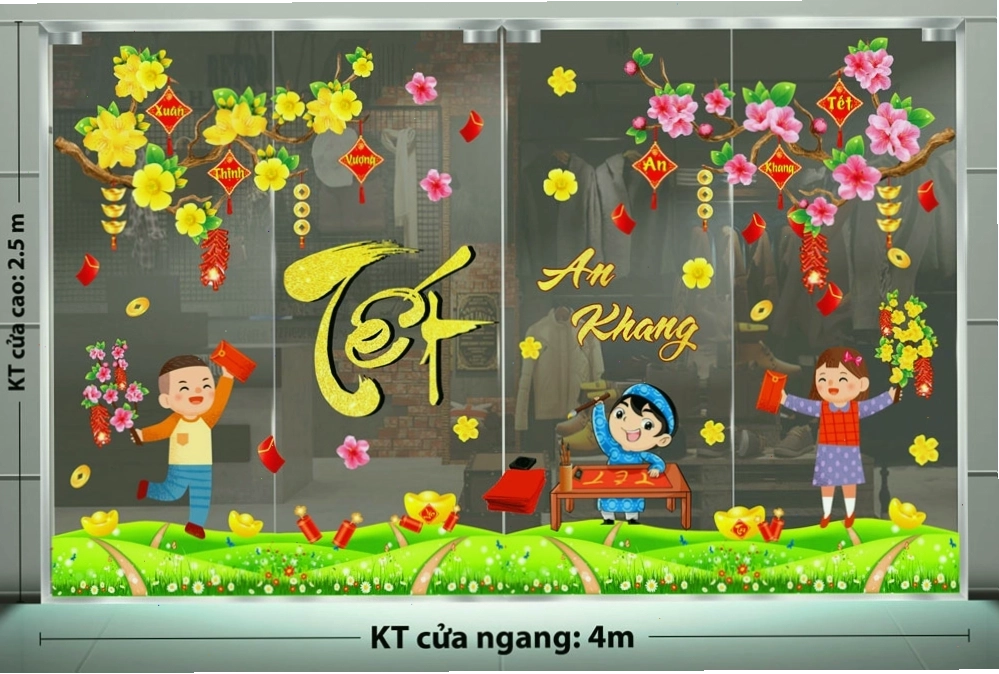 Decal trang trí Tết tiểu cảnh làm ông đồ vui xuân