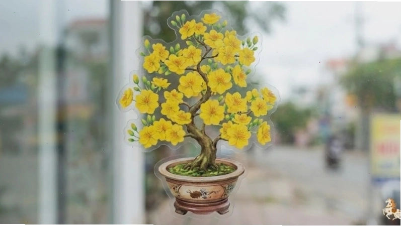 Decal trang trí Tết với hình ảnh hoa đào hồng tươi thắm