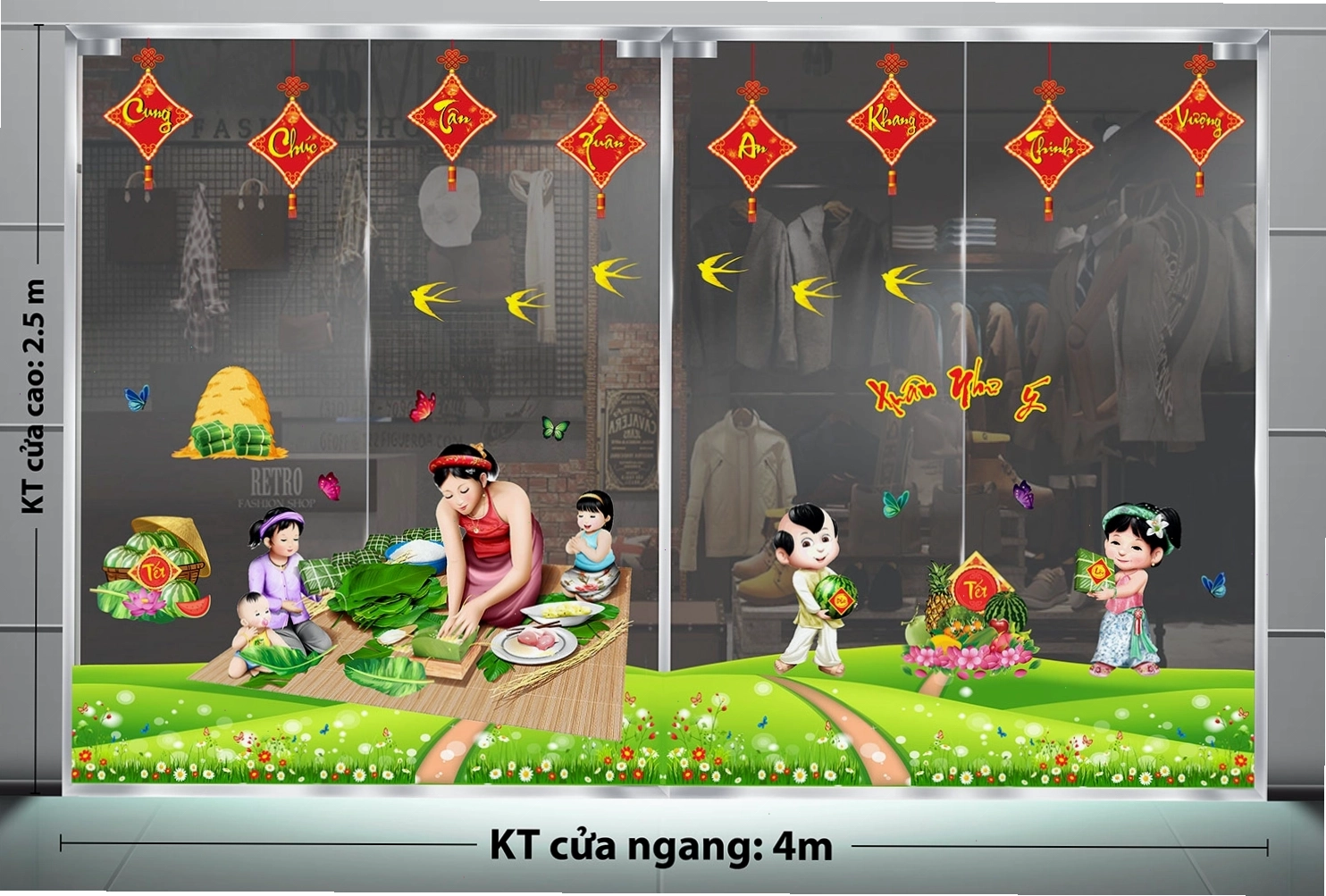 Decal trang trí Tết với hình ảnh phong bao lì xì và cành mai vàng