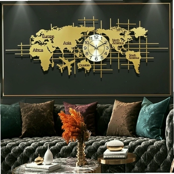 Đồng hồ treo tường decor thế giới vàng, mang phong cách hiện đại