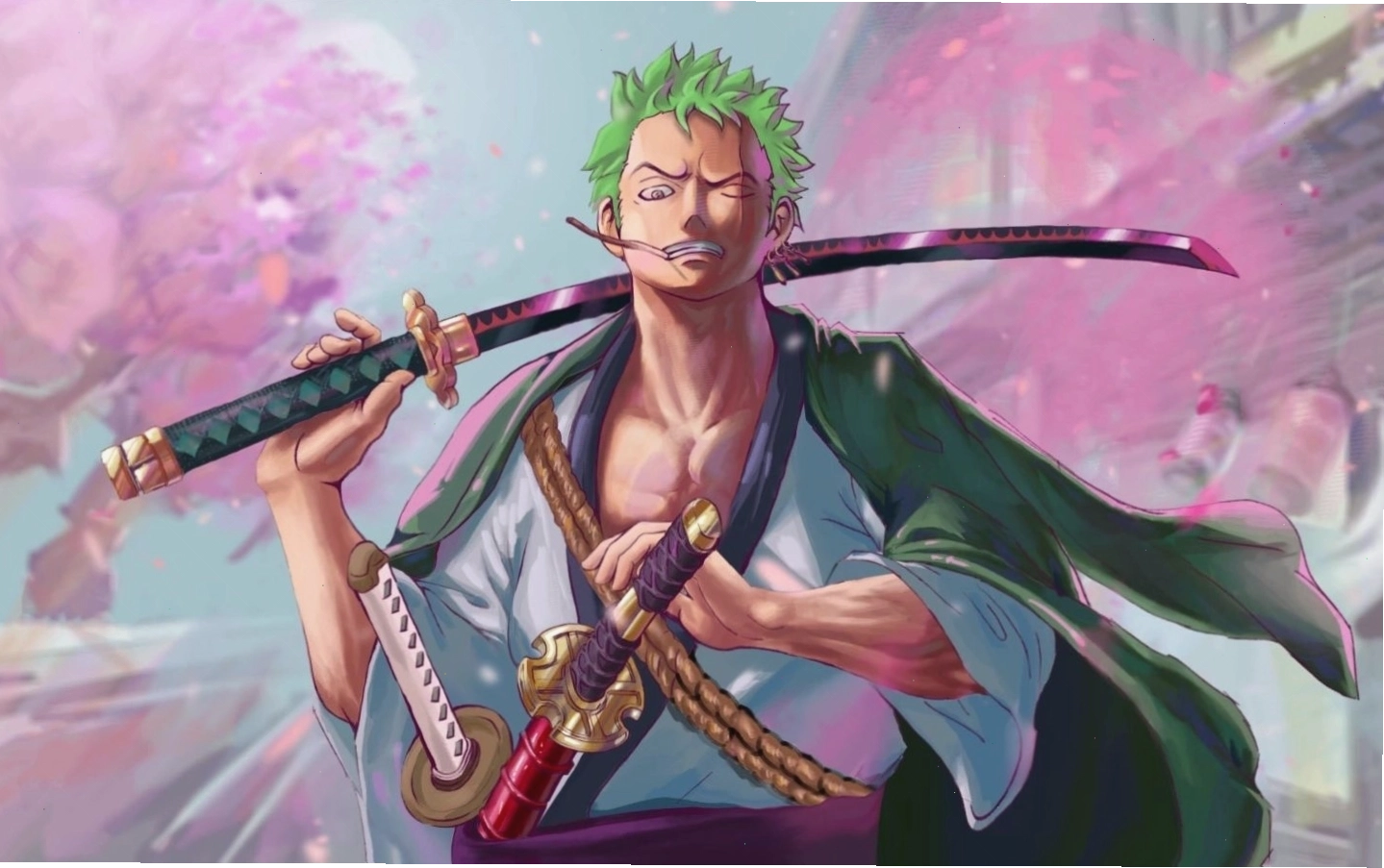 Hình ảnh Zoro trong tư thế tấn công đầy uy lực với ba thanh kiếm