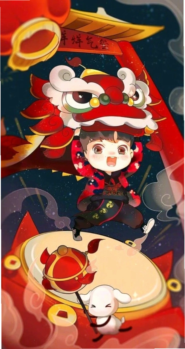 Hình nền Tết anime dễ thương với các nhân vật đang chuẩn bị đón xuân