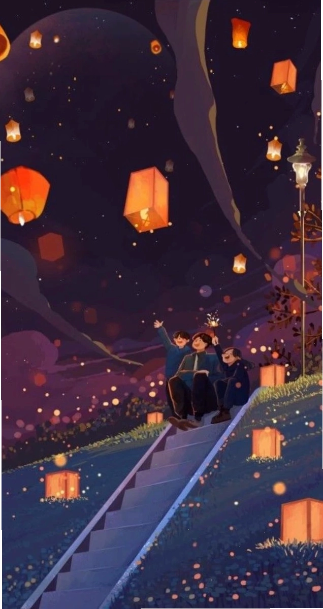 Hình nền Tết anime với hình ảnh đèn lồng và những cánh én