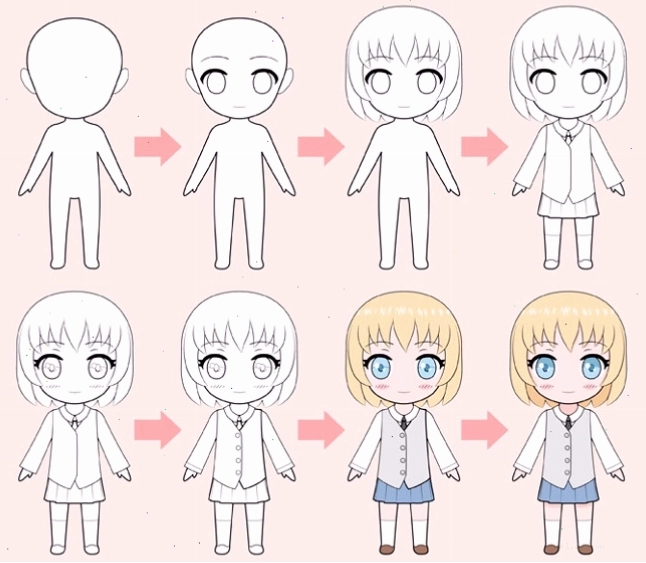 Hoàn thiện nhân vật chibi với mái tóc bồng bềnh và trang phục dễ thương
