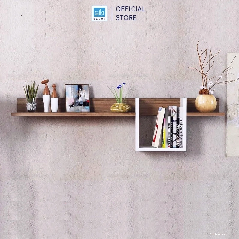 Kệ gỗ trang trí treo tường màu walnut kết hợp trắng hiện đại