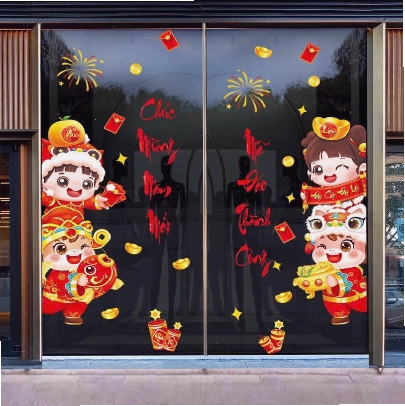 Mẫu decal trang trí Tết 2026 với họa tiết hoa mai và câu đối