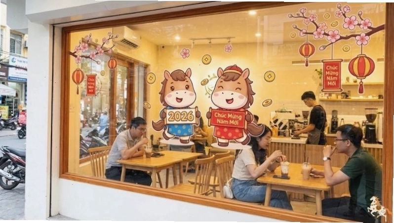 Mẫu decal trang trí Tết dán trên cửa kính