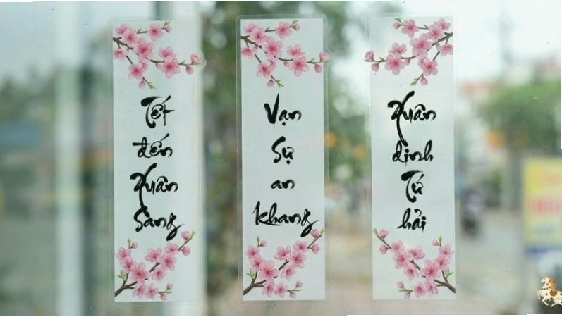 Mẫu decal trang trí Tết hình hoa đào hồng tươi thắm