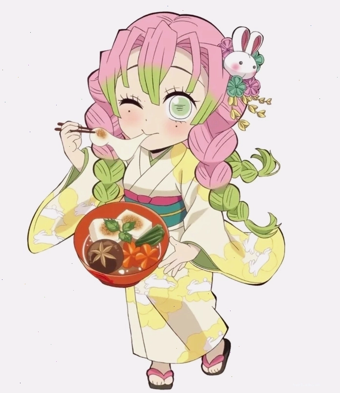 Mitsuri chibi trong trang phục Sát Quỷ Đội, sẵn sàng chiến đấu