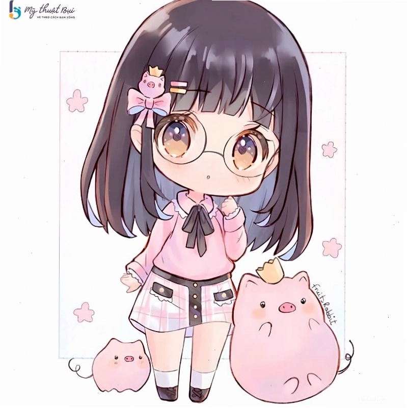 Nhân vật anime nữ chibi với mái tóc dài và nụ cười rạng rỡ