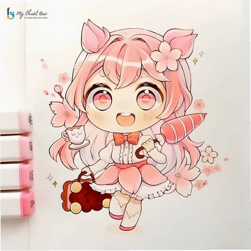 Nhân vật Chibi nữ với mái tóc ngắn cá tính và trang phục hiện đại