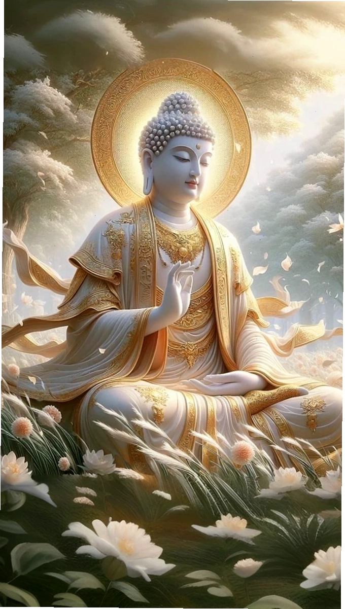 Phật thiền bên hoa sen trắng