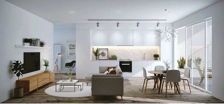 Phòng khách chung cư nhỏ với sofa chữ L và kệ tivi thông minh