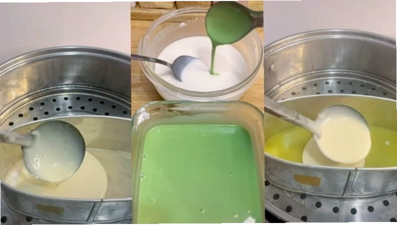 Quá trình đổ khuôn và hấp bánh da lợn