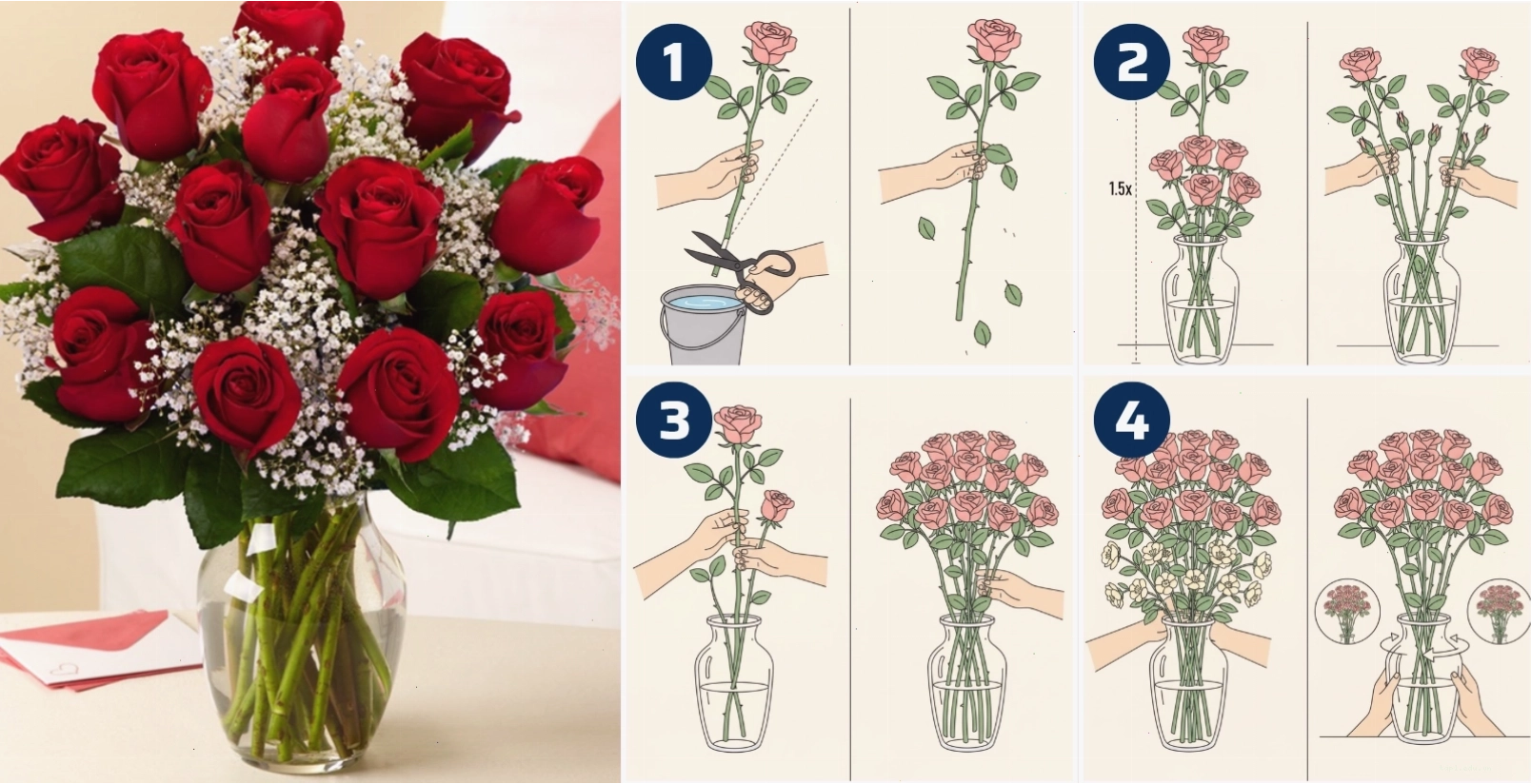 Quy trình 4 bước cắm hoa hồng dáng cao