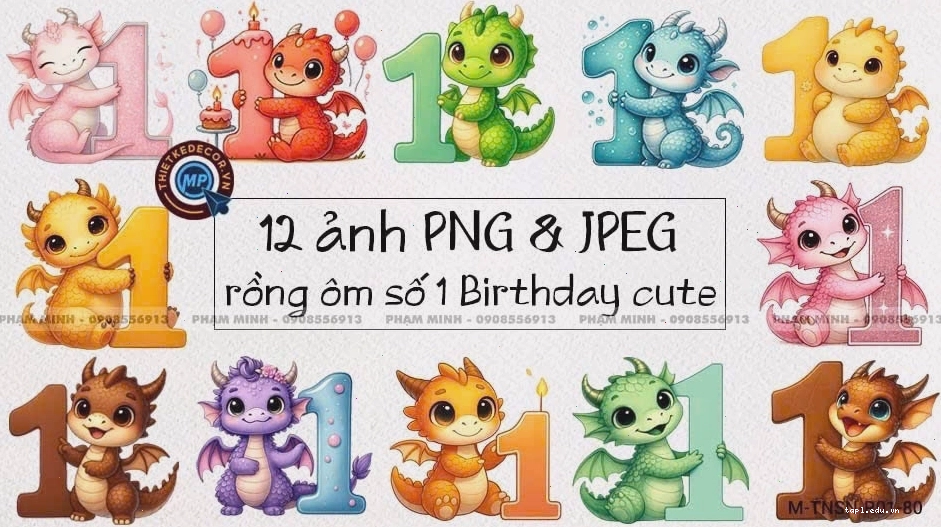 Rồng con chibi ôm số 1 trong thiết kế sinh nhật