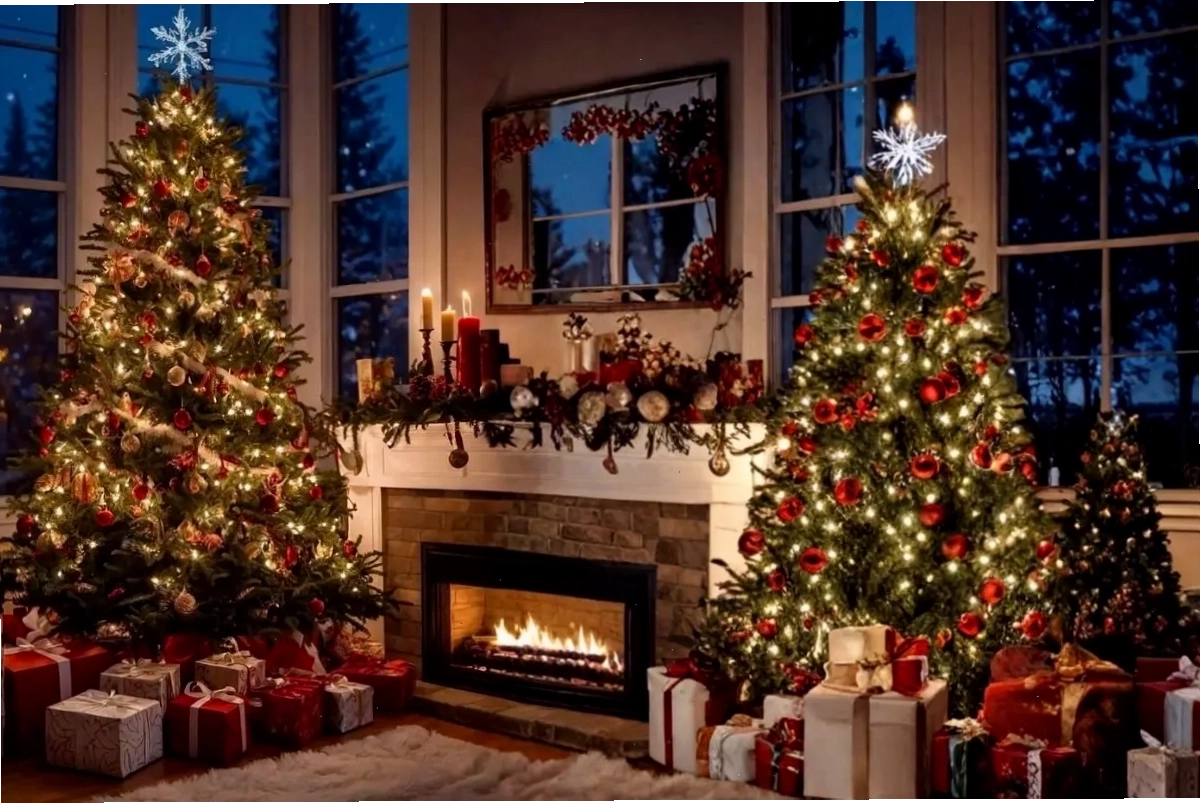 Trang trí cây thông Noel với dây kim tuyến và ruy băng màu đỏ