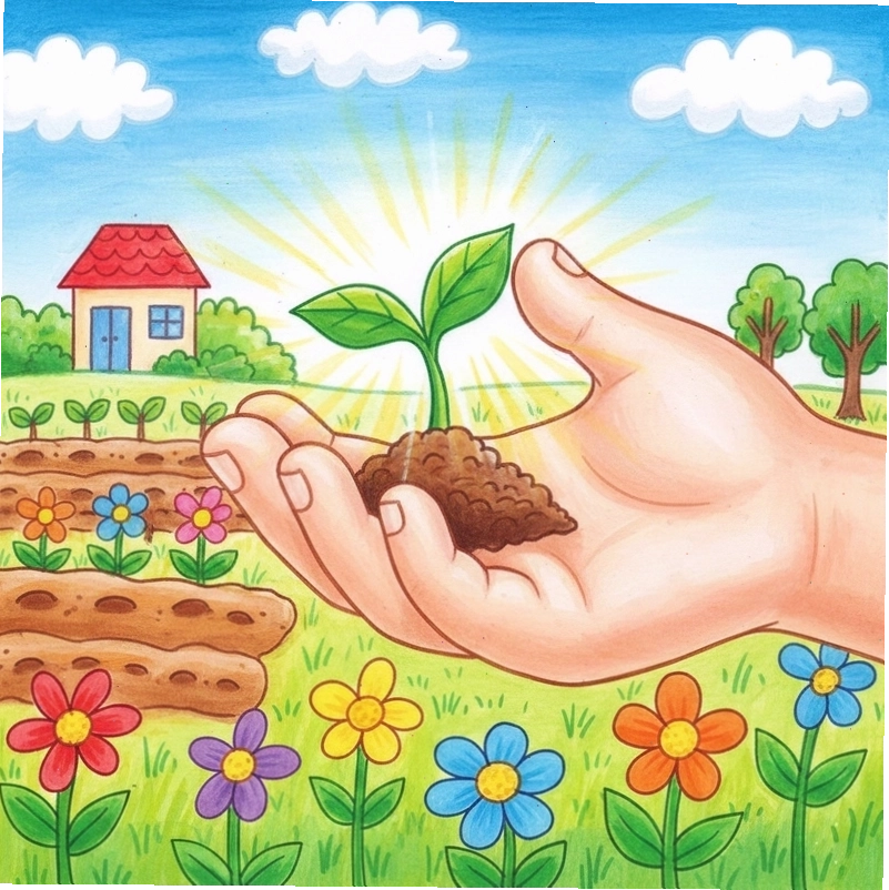 Tranh vẽ bé trồng cây dễ thương với phong cách hoạt hình