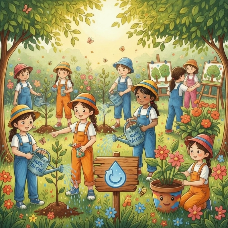 Tranh vẽ học sinh trồng cây vui tươi và đầy hứng khởi