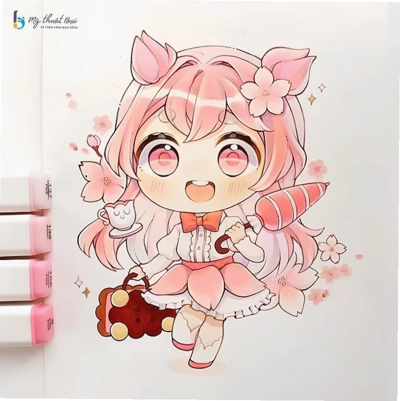 Vẽ chi tiết đôi mắt to tròn và kiểu tóc dễ thương cho nhân vật chibi